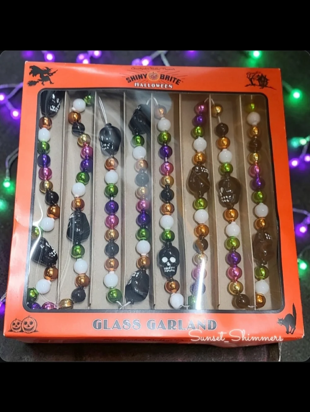 7' Radko Shiny Brite Vintage Retro Style Glass Skull Halloween Tree Garland NEW